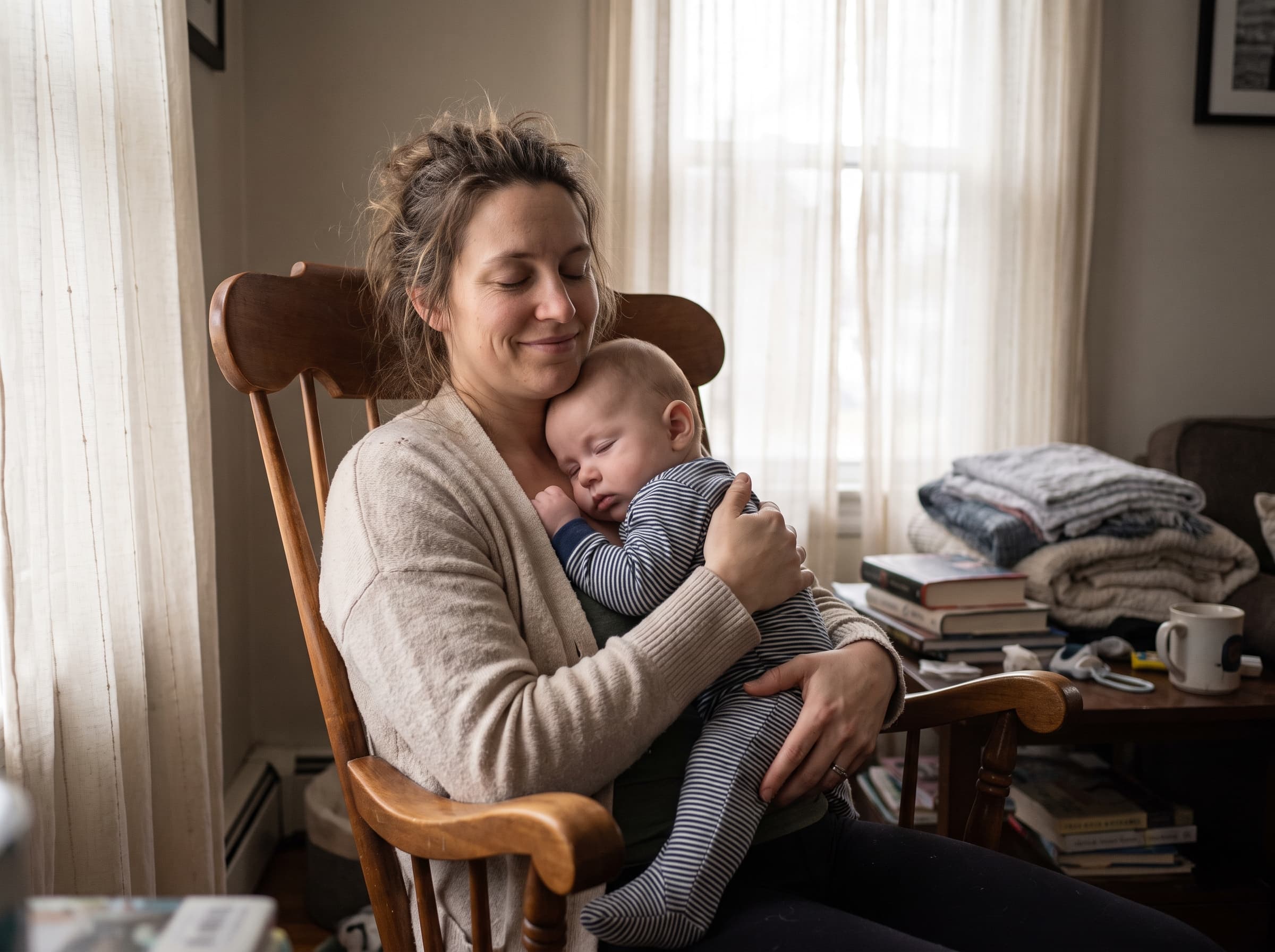 A mother holds her sleepy baby against her chest, both calm.