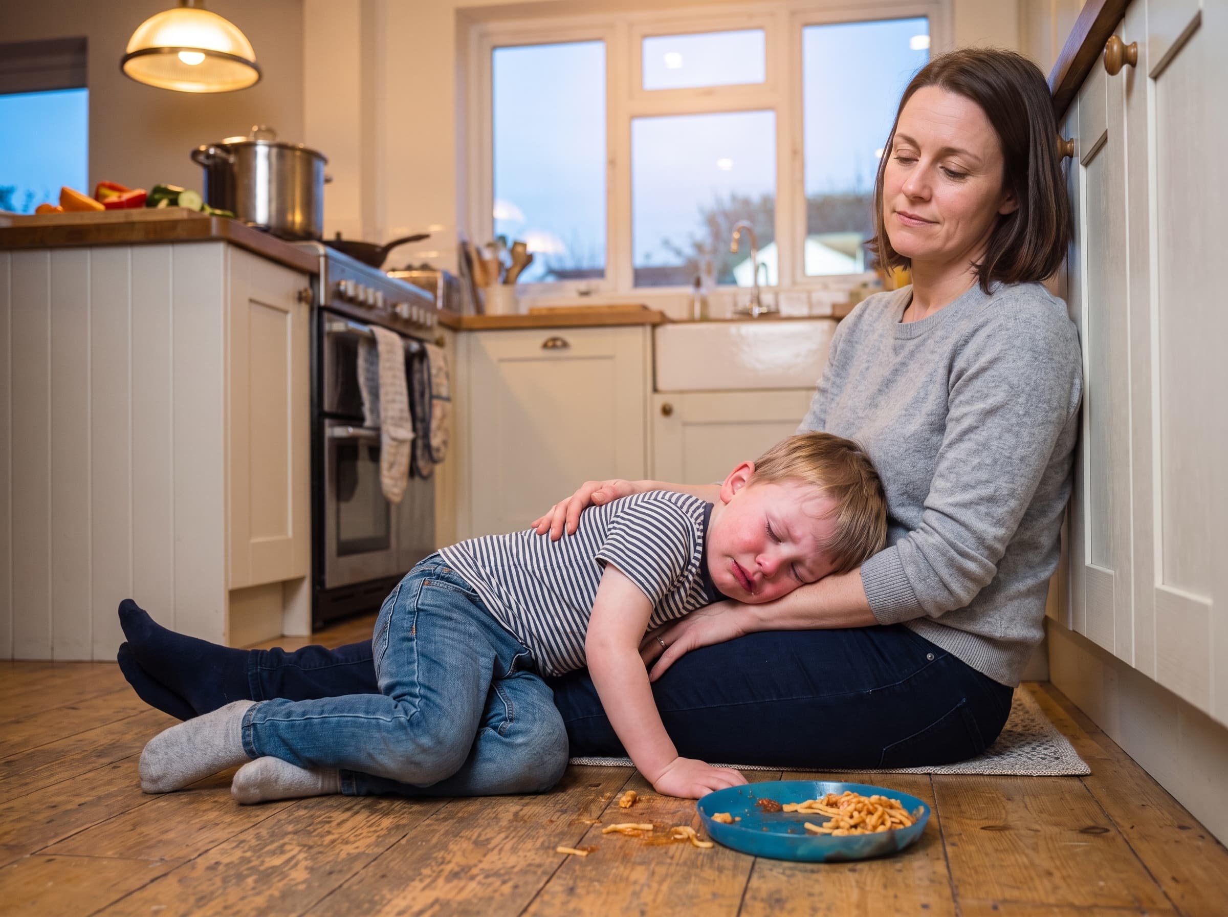 The same mother sits on the kitchen floor with her son calm in her lap.
