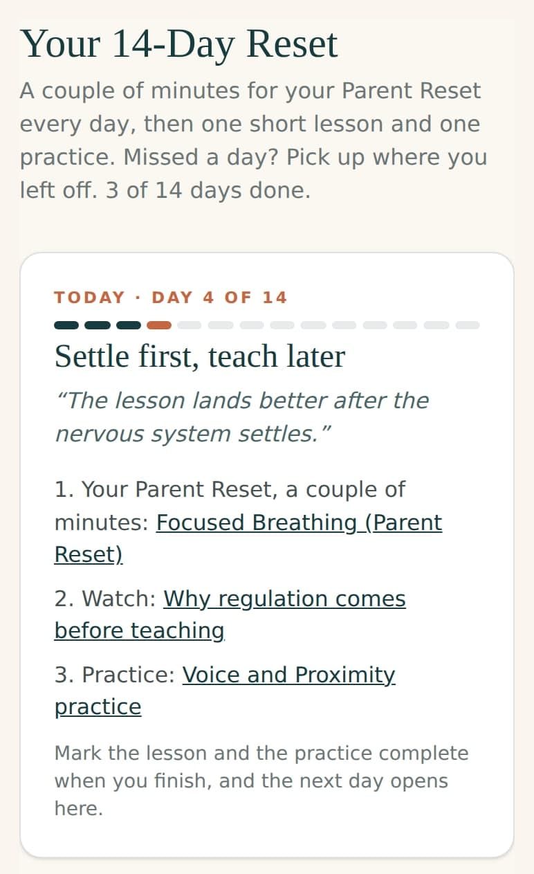The 14-Day Reset in the members area: today's day, your Parent Reset, one lesson and one practice